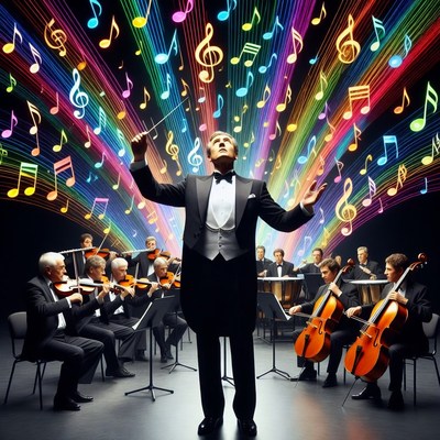 Orchestra performance with colorful notes