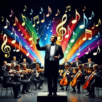 Musician conducts orchestra with colorful notes