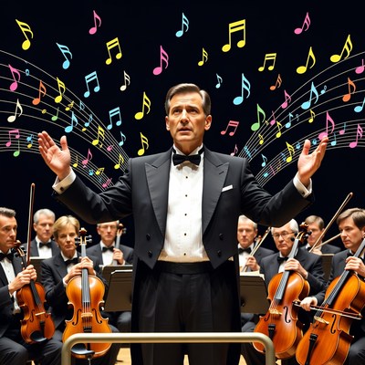 Conductor leads orchestra in concert