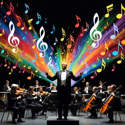 Orchestra performance with colorful music notes