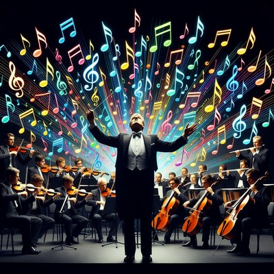 Orchestra performance with colorful music notes
