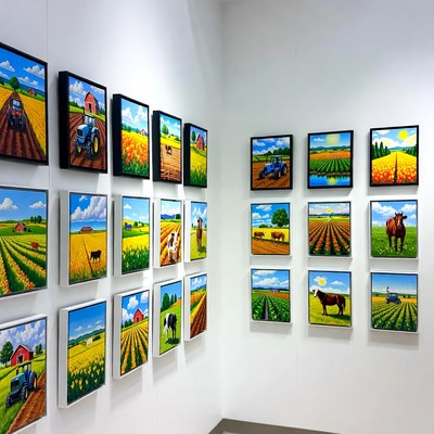 Art display of farm scenes in gallery