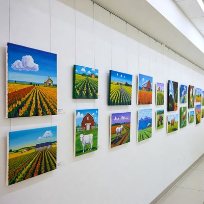 Art display in a gallery featuring farm scenes