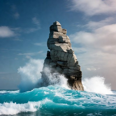 Waves crashing against tall rock