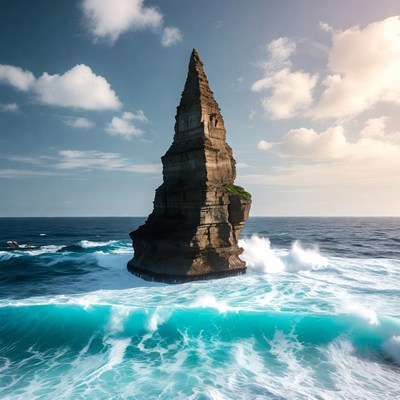 Tall rock formation in ocean waves