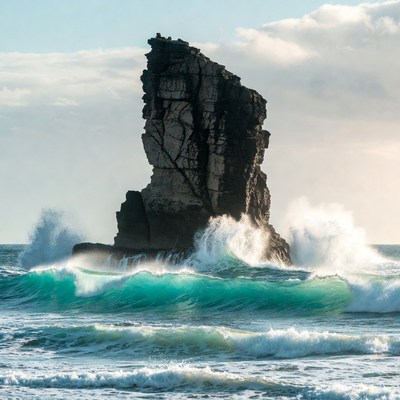Waves crash against rocky formation