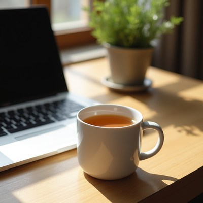 Warm drink on a desk by window