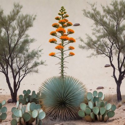 Agave bloom in desert landscape