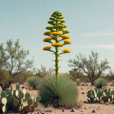 Agave plant blooms in desert landscape