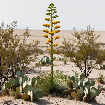 Desert plant blooms in dry landscape