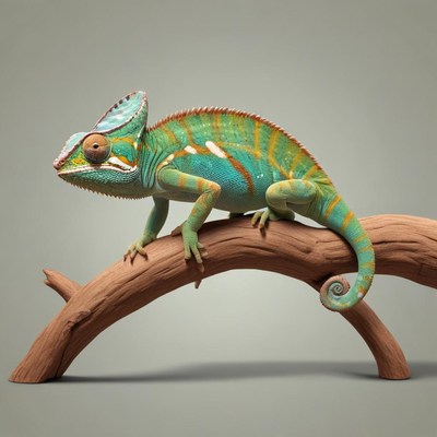 Chameleon on a branch in studio