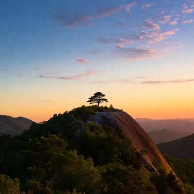 Sunset over mountain with lone tree