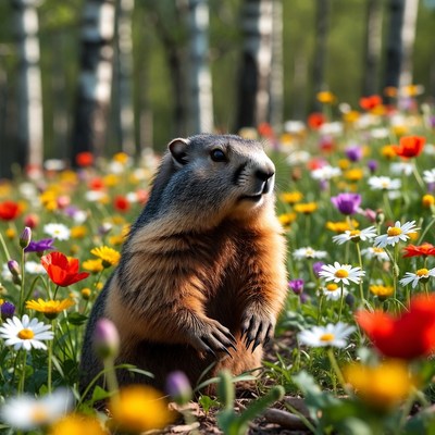 Marmot in a flower field