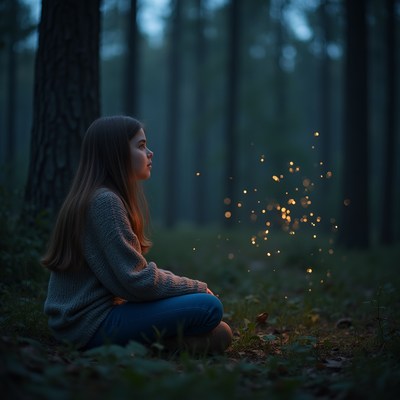 Girl sitting in forest at dusk
