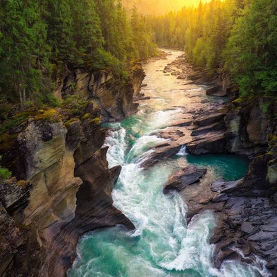 River flows through forested canyon