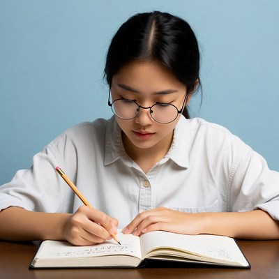 Student writes notes at desk