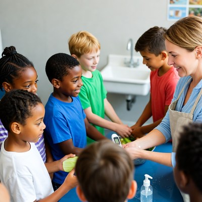 Kids learn to cook together in a kitchen