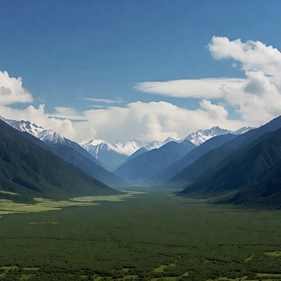 Snowy mountains above green valley