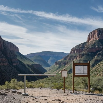 Canyon view with signage and barriers