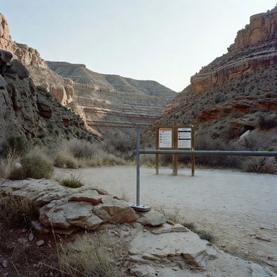 Trailhead at canyon entrance near sunset