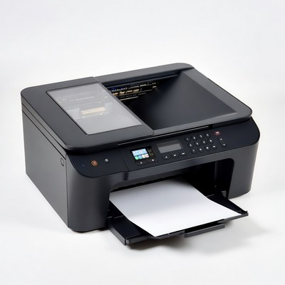 Black printer with white paper output