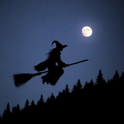 Witch flying under full moon