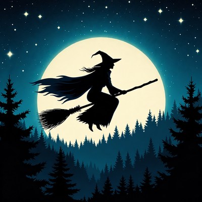 Witch flying over the forest