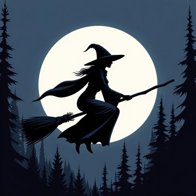 Witch flying on broomstick at night