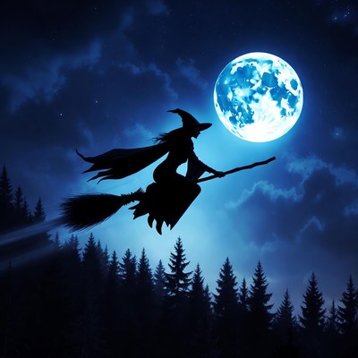 Witch flying under full moon