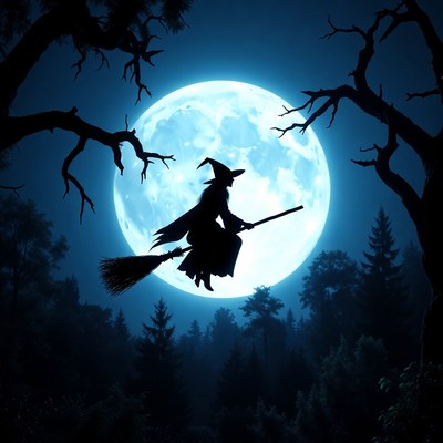 Witch flying under a full moon