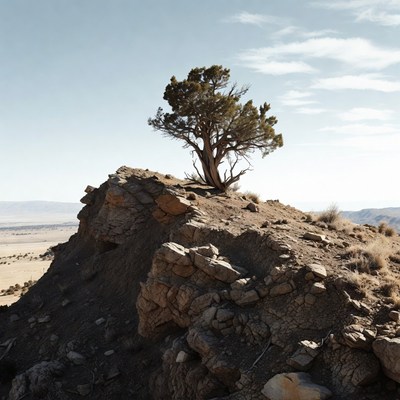 Lone tree stands on rocky hill