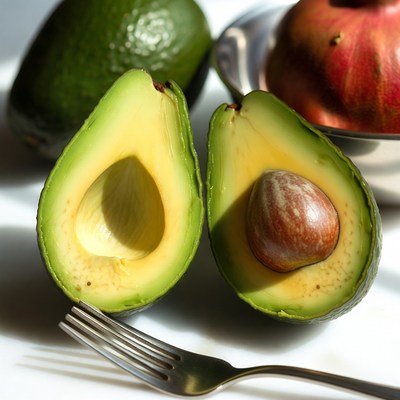 Avocado sliced open with a fork nearby