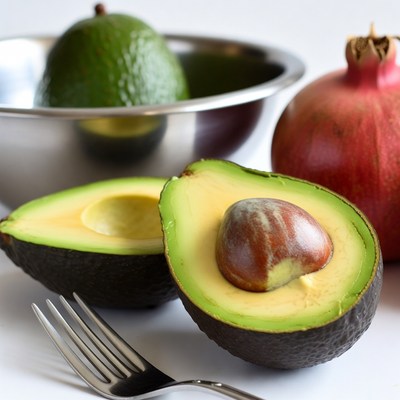 Fresh avocado cut in half with bowl