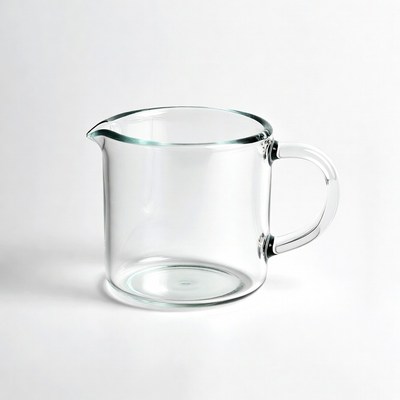 Glass measuring cup on white surface