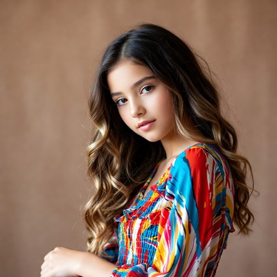 Young girl with curly hair in colorful shirt