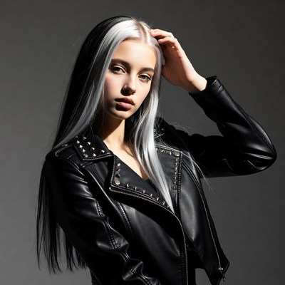 Young woman with two-tone hair poses in leather