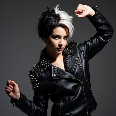 Model poses in spiked jacket