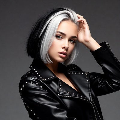 Woman with half black half white hair in jacket