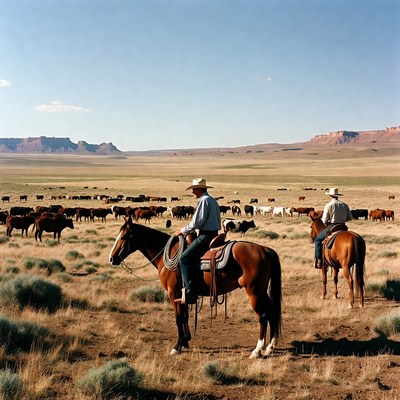 Horse riders watching cattle in the field