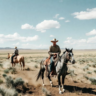 Cowboys riding horses in open landscape
