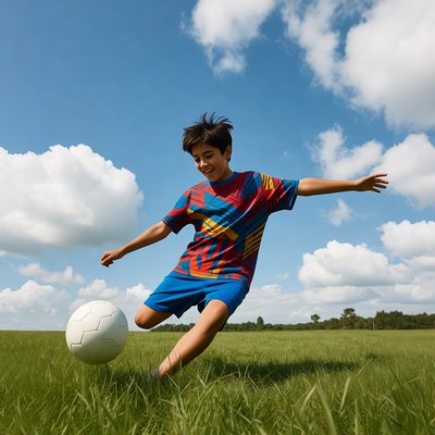 Young boy playing soccer outdoors