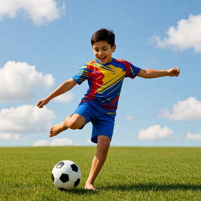 Child plays soccer on grass field
