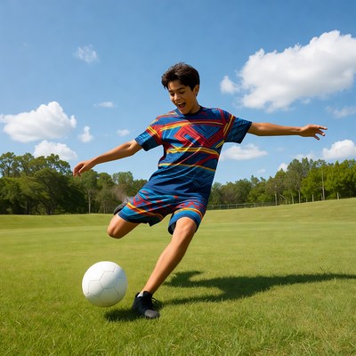 Boy plays soccer on sunny field