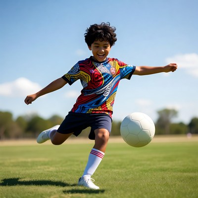 Boy kicking soccer ball on field