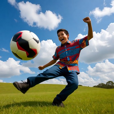 Boy kicking soccer ball outdoors