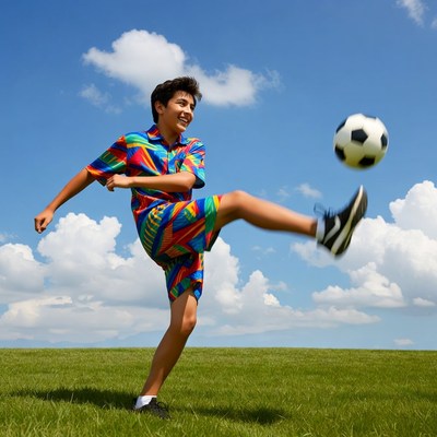 Young boy plays soccer on sunny day