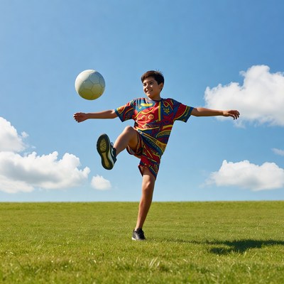 Boy plays soccer on grassy field