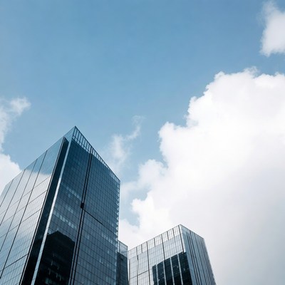 City skyline with glass buildings and clouds