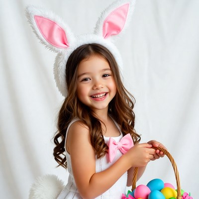 Girl in bunny ears with easter basket