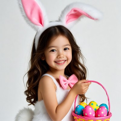 Girl in bunny costume with eggs